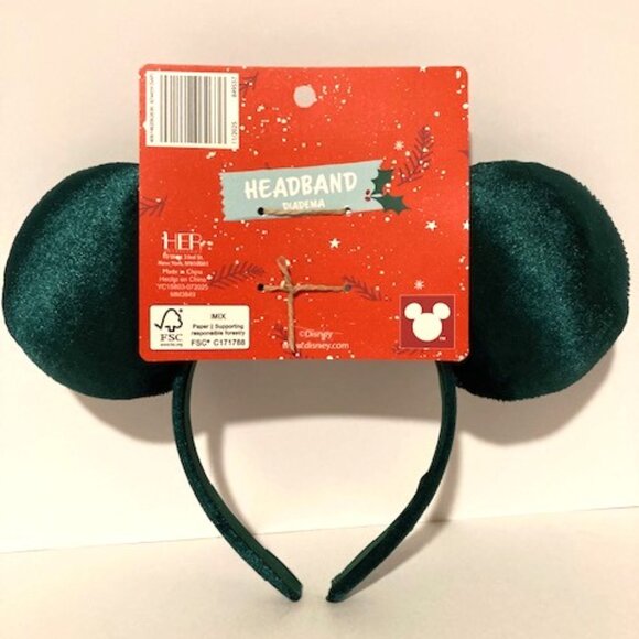 NWT Disney Minnie Mouse Holiday Christmas Ears Green Velvet Pearls Rhinestones - Picture 2 of 3